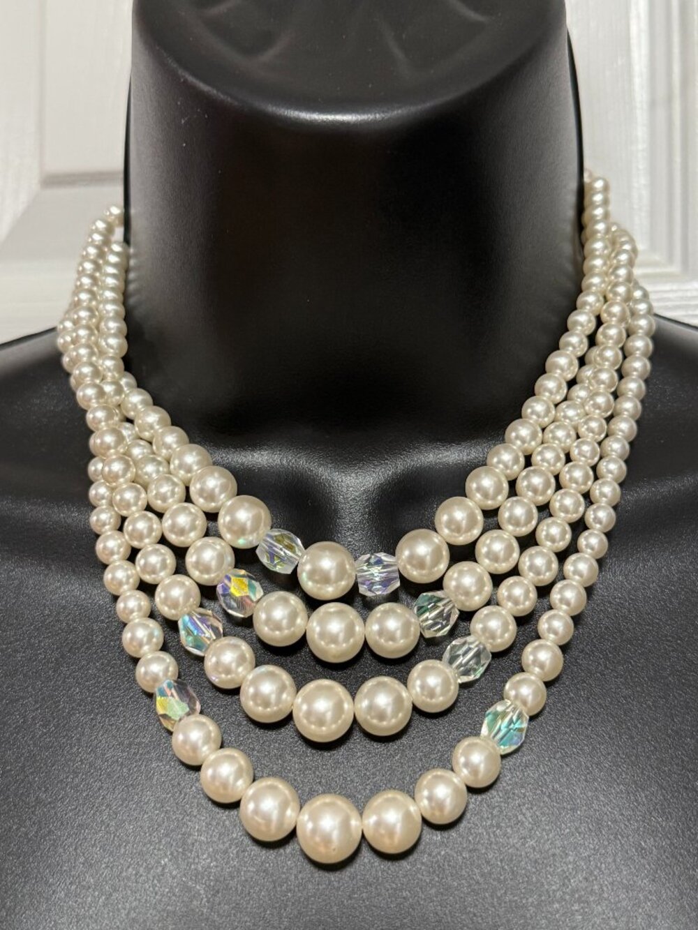 Vintage Pearl Crystal Bib Necklace Marked Japan